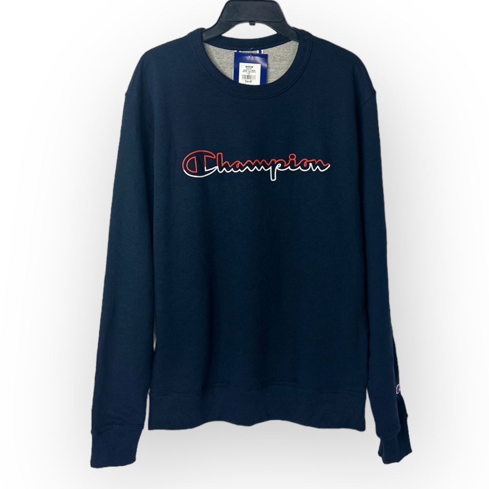 Men's Medium Powerblend Dark Blue Navy Pullover with Red and White Champion logo